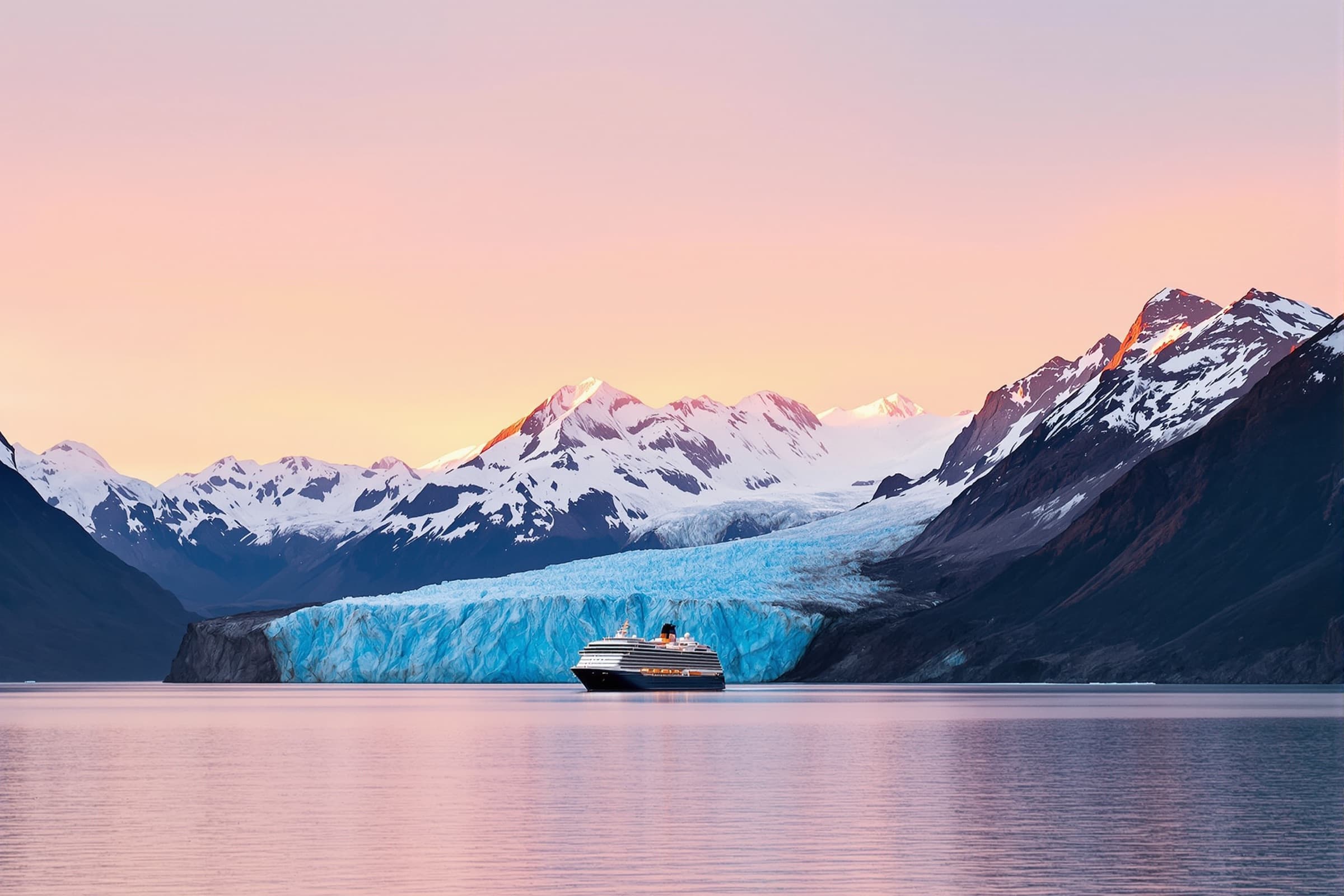 A blue glacier face meeting the sea with forested mountains behind it